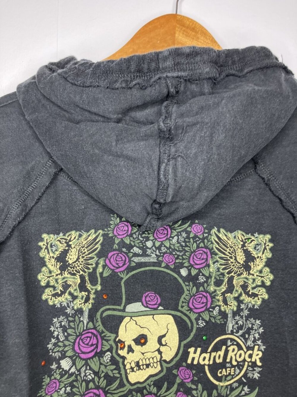Hard Rock Cafe London Full Zip Hoodie Women's Large Black Skull Rose Y2K - Picture 10 of 13